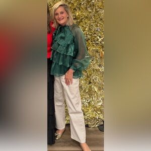 NWT TCEC tier ruffle holiday green top small